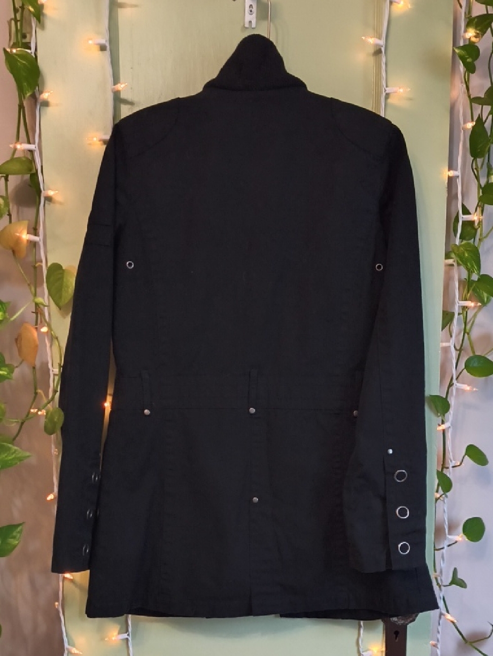Women's Coffee Shop Red Mid Length Black Snap Button Mockneck Coat S - Picture 14 of 17
